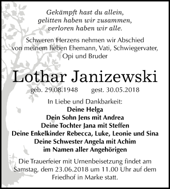 Traueranzeige von Lothar Janizewski von Mitteldeutsche Zeitung Bitterfeld