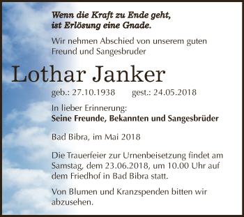 Traueranzeige von Lothar Janker von WVG - Wochenspiegel NMB / WSF / ZTZ