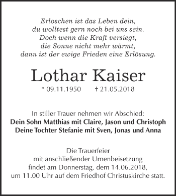 Traueranzeige von Lothar Kaiser von Super Sonntag Wittenberg