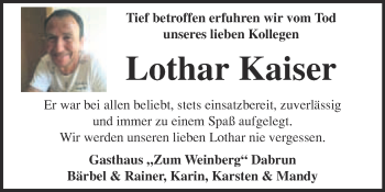 Traueranzeige von Lothar Kaiser von Super Sonntag Wittenberg