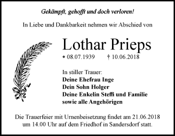 Traueranzeige von Lothar Prieps von Mitteldeutsche Zeitung Bitterfeld