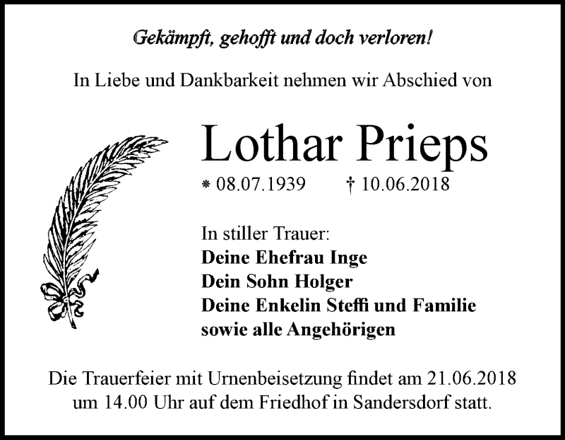  Traueranzeige für Lothar Prieps vom 16.06.2018 aus Mitteldeutsche Zeitung Bitterfeld