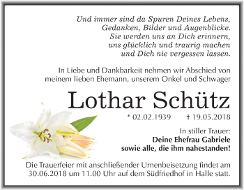 Traueranzeige von Lothar Schütz von Mitteldeutsche Zeitung Halle/Saalkreis