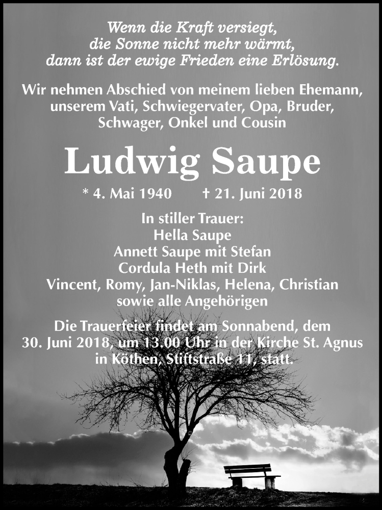  Traueranzeige für Ludwig Saupe vom 23.06.2018 aus Mitteldeutsche Zeitung Köthen