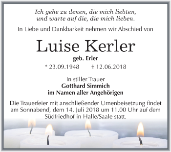 Traueranzeige von Luise Kerler von Mitteldeutsche Zeitung Halle/Saalkreis