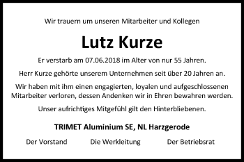 Traueranzeige von Lutz Kurze von Mitteldeutsche Zeitung Quedlinburg