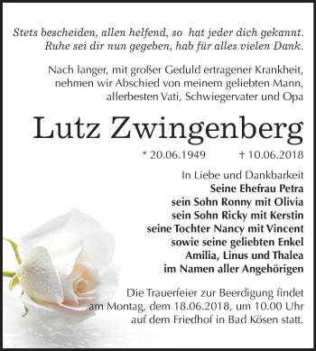 Traueranzeige von Lutz Zwingenberg von Mitteldeutsche Zeitung