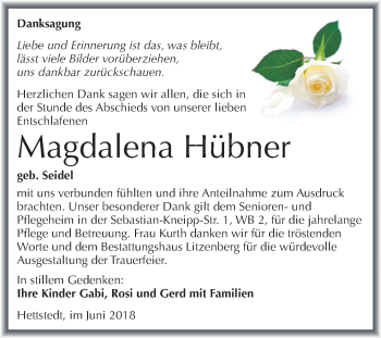 Traueranzeige von Magdalena Hübner von Mitteldeutsche Zeitung