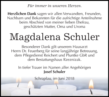 Traueranzeige von Magdalena Schuler von Mitteldeutsche Zeitung Merseburg/Querfurt