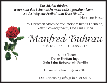 Traueranzeige von Manfred Buhrau von Mitteldeutsche Zeitung Dessau-Roßlau