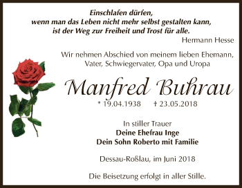 Traueranzeige von Manfred Buhrau von WVG - Wochenspiegel Dessau / Köthen