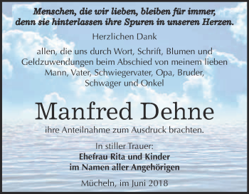 Traueranzeige von Manfred Dehne von WVG - Wochenspiegel Merseburg