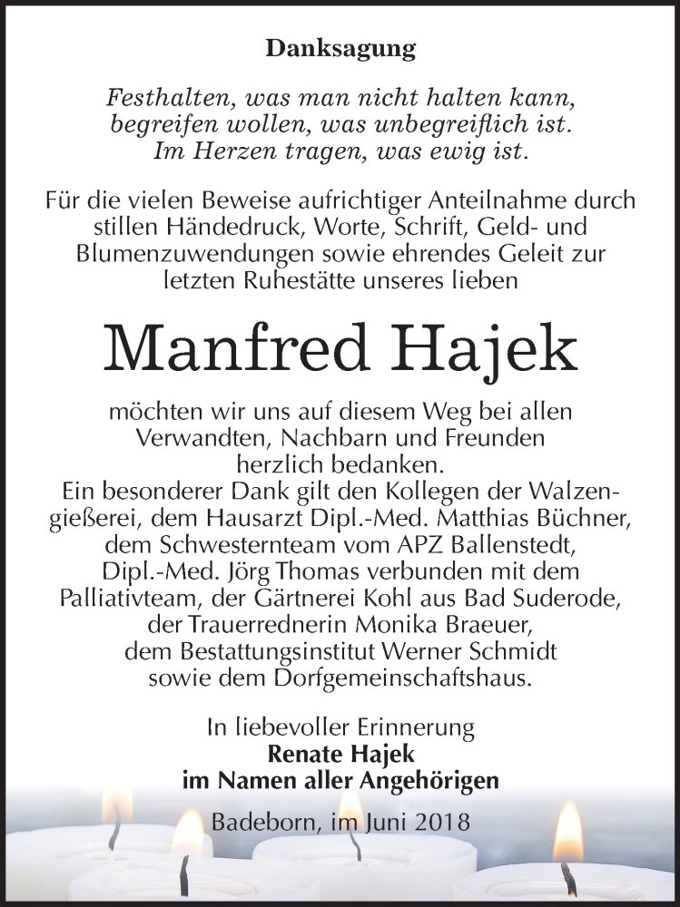  Traueranzeige für Manfred Hajek vom 16.06.2018 aus Mitteldeutsche Zeitung