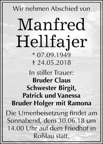 Traueranzeige von Manfred Hellfajer von Mitteldeutsche Zeitung Dessau-Roßlau