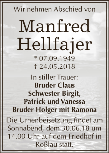 Traueranzeige von Manfred Hellfajer von WVG - Wochenspiegel Dessau / Köthen