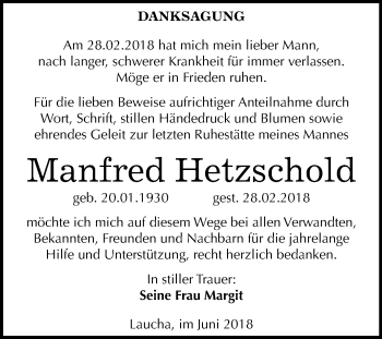 Traueranzeige von Manfred Hetzschold von Mitteldeutsche Zeitung
