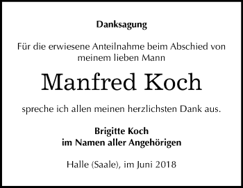 Traueranzeige von Manfred Koch von Mitteldeutsche Zeitung Halle/Saalkreis