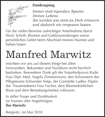 Traueranzeige von Manfred Marwitz von WVG - Wochenspiegel Wittenberg