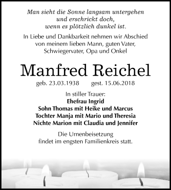 Traueranzeige von Manfred Reichel von Mitteldeutsche Zeitung Merseburg/Querfurt