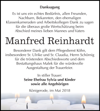 Traueranzeige von Manfred Reinhardt von Mitteldeutsche Zeitung