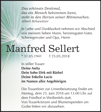 Traueranzeige von Manfred Sellert von Mitteldeutsche Zeitung Weißenfels