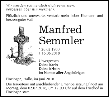 Traueranzeige von Manfred Semmler von Mitteldeutsche Zeitung Sangerhausen