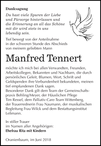 Traueranzeige von Manfred Tennert von WVG - Wochenspiegel Wittenberg