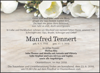 Traueranzeige von Manfred Tennert von WVG - Wochenspiegel Wittenberg