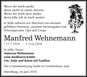 Traueranzeige von Manfred Wehnemann von Mitteldeutsche Zeitung Merseburg/Querfurt