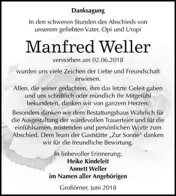 Traueranzeige von Manfred Weller von Mitteldeutsche Zeitung