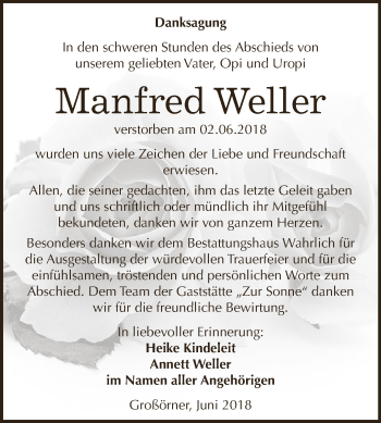Traueranzeige von Manfred Weller von Super Sonntag SGH Mansf. Land