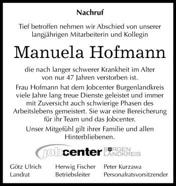 Traueranzeige von Manuela Hofmann von Mitteldeutsche Zeitung