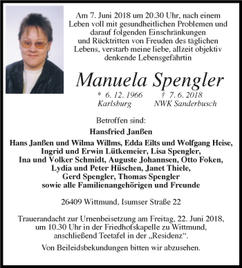 Traueranzeige von Manuela Spengler von Mitteldeutsche Zeitung