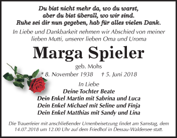Traueranzeige von Marga Spieler von Mitteldeutsche Zeitung Dessau-Roßlau