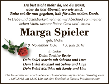 Traueranzeige von Marga Spieler von WVG - Wochenspiegel Dessau / Köthen