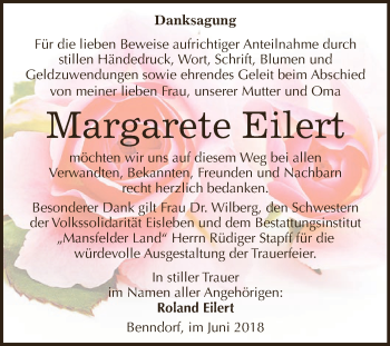 Traueranzeige von Margarete Eilert von Wochenspiegel Mansfelder Land
