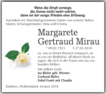 Traueranzeige von Margarete Gertraud Mirau von Mitteldeutsche Zeitung