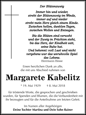 Traueranzeige von Margarete Kabelitz von Mitteldeutsche Zeitung