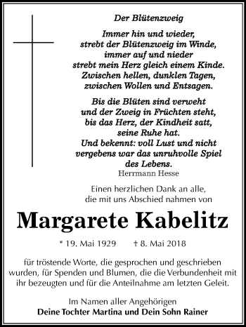 Traueranzeige von Margarete Kabelitz von Mitteldeutsche Zeitung