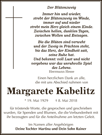 Traueranzeige von Margarete Kabelitz von WVG - Wochenspiegel Dessau / Köthen