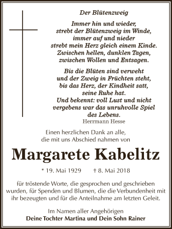 Traueranzeige von Margarete Kabelitz von WVG - Wochenspiegel Dessau / Köthen