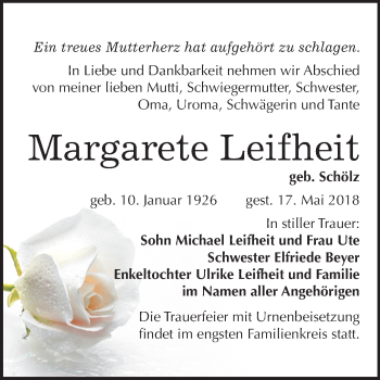 Traueranzeige von Margarete Leifheit von Mitteldeutsche Zeitung Bitterfeld