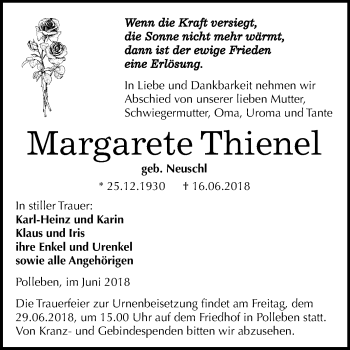 Traueranzeige von Margarete Thienel von Mitteldeutsche Zeitung