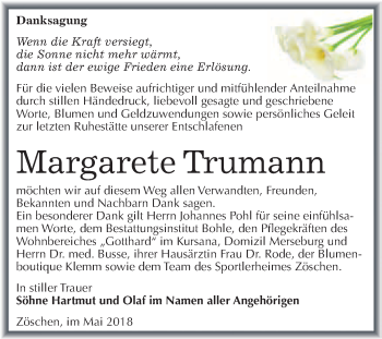 Traueranzeige von Margarete Trumann von WVG - Wochenspiegel Merseburg