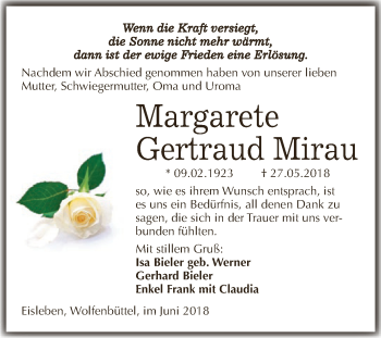 Traueranzeige von Margarete Gertraud Mirau von Wochenspiegel Mansfelder Land