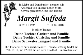 Traueranzeige von Margit Suffeda von Mitteldeutsche Zeitung Dessau-Roßlau