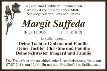 Traueranzeige von Margit Suffeda von WVG - Wochenspiegel Dessau / Köthen