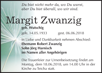 Traueranzeige von Margit Zwanzig von Mitteldeutsche Zeitung Halle/Saalkreis