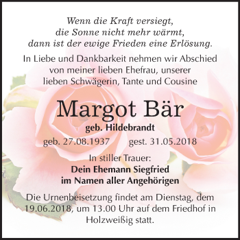 Traueranzeige von Margot Bär von Mitteldeutsche Zeitung Bitterfeld