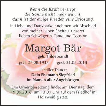 Traueranzeige von Margot Bär von WVG - Wochenspiegel Bitterfeld